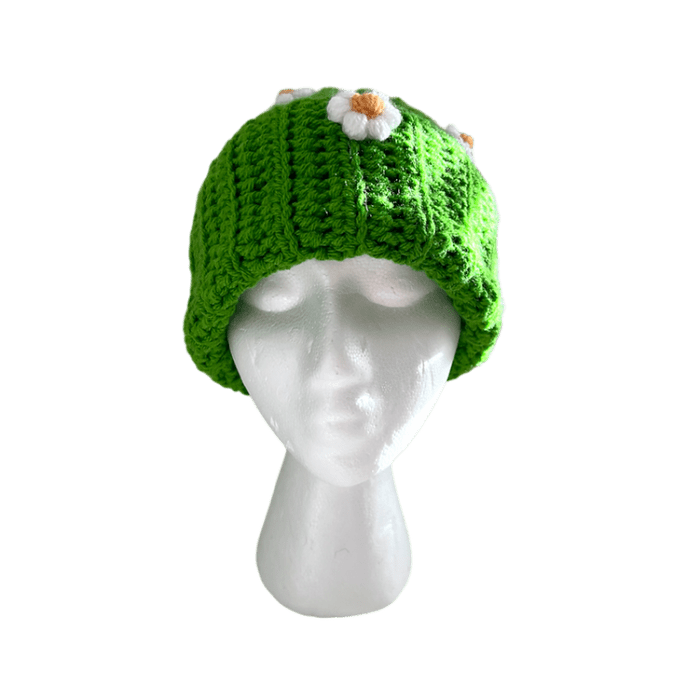 Green Daisy Puff Flower Crochet Hat - Image 4