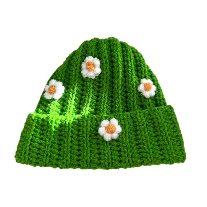 Green Daisy Puff Flower Crochet Hat