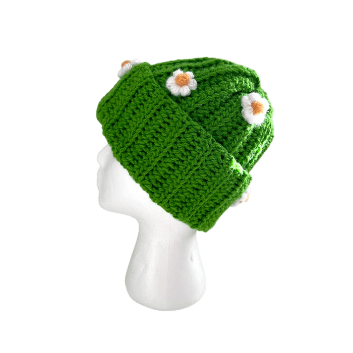 Green Daisy Puff Flower Crochet Hat - Image 2