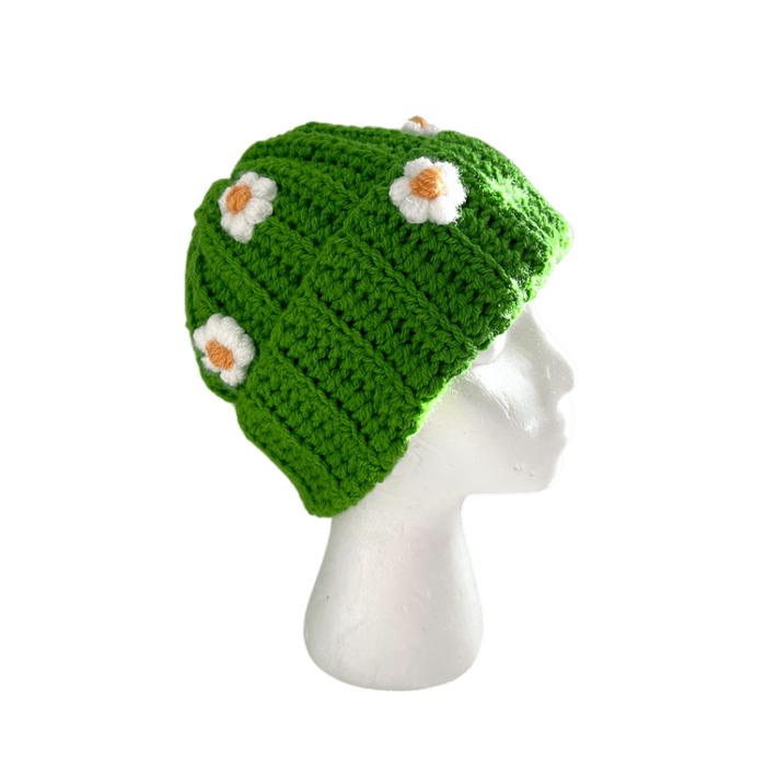 Green Daisy Puff Flower Crochet Hat - Image 3